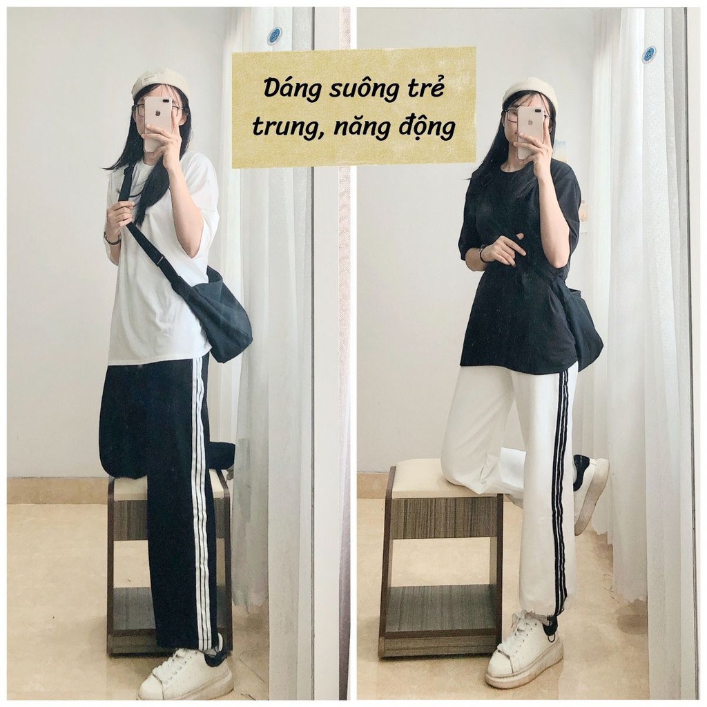 Quần jogger nam nữ thể thao 3 sọc form ống rộng để suông hoặc rút dây bo gấu vải mịn năng động trẻ trung | WebRaoVat - webraovat.net.vn