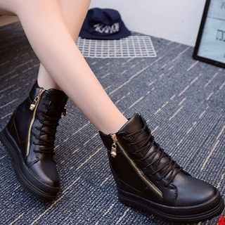 Giày boot nhung nữ cổ cao đế vuông 7cm kiểu buộc dây có khóa kéo tiện dụng B042D