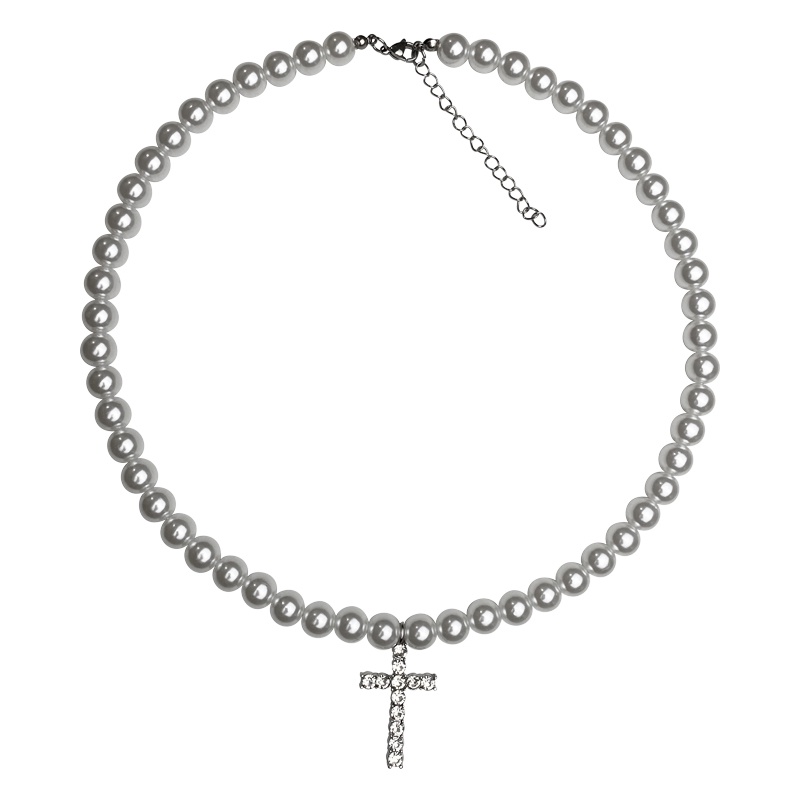 Vòng cổ chuỗi ngọc trai mặt hình chữ thập thời trang đường phố Âu Mỹ cổ điển cho nam