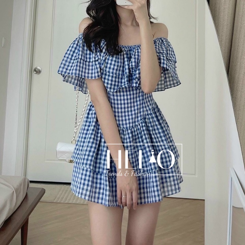 Set đầm bẹt vai caro kèm quần _ Xanh _ HE142