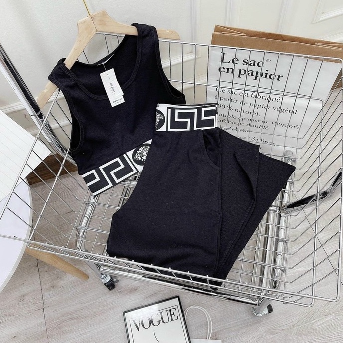 Set đồ nữ, áo croptop xách nách cổ tròn, quần ống suông cá tính, sexy - Tuệ Nhiên Fashion