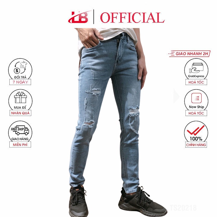 [Mã LT50 giảm 50k đơn 250k] Quần jean dài nam LB màu xanh rách đắp gối màu xanh jean phom body DNBB021 | BigBuy360 - bigbuy360.vn