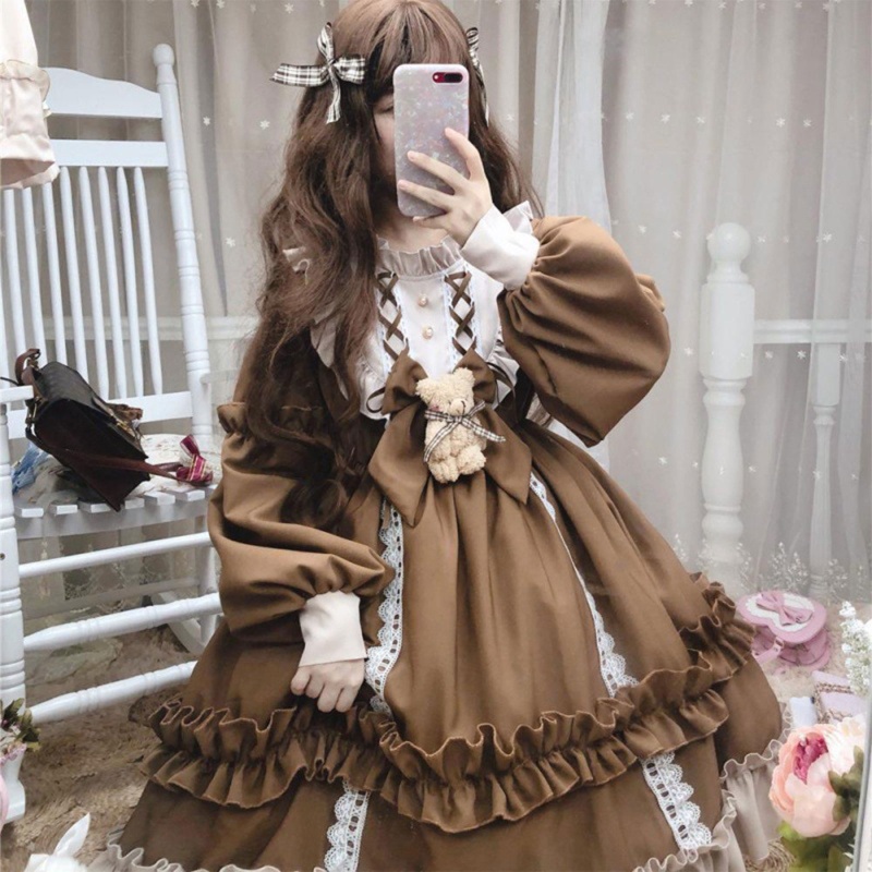 Brroa Đầm Lolita Công Chúa Tay Phồng Dài Phồng Cổ Đứng Phối Bèo Đính Nơ Gấu Bông Đáng Yêu Cho Nữ Hóa Trang