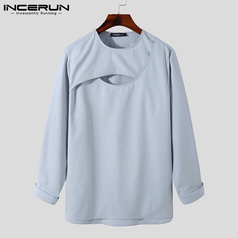 Áo thun tay dài INCERUN cổ tròn mềm mại khoét rỗng phong cách Hàn Quốc giản dị dành cho nam