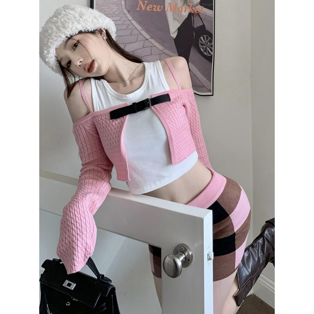 Chân Váy Ngắn Dệt Kim Trễ Vai Họa Tiết Sọc Ca Rô 60979