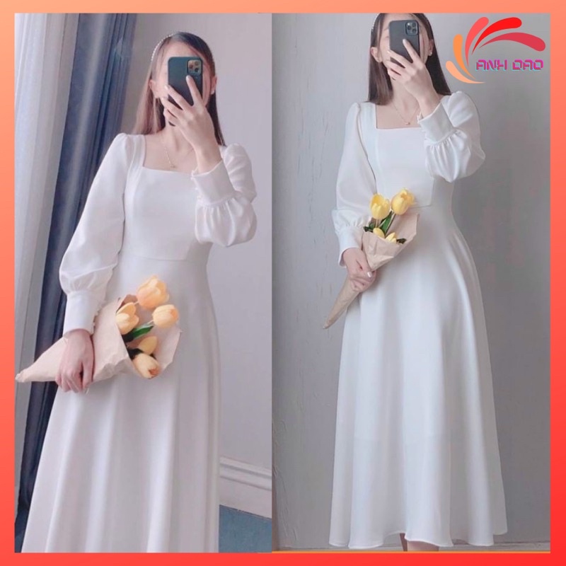 Váy đầm trắng dự tiệc maxi Vintage cổ vuông tay dài chụp kỉ yếu chất cotton Nhật mềm V0080 full size ELLY DRESS