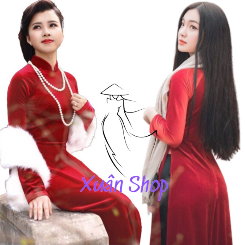 Áo dài truyền thống nhung đỏ tươi may sẵn