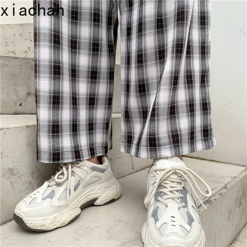 Xiaohan Lattice Wide-leg Pants Women's Drape Loose Straight Mopping High Waist Casual Trousers Gingham Plaid Pants