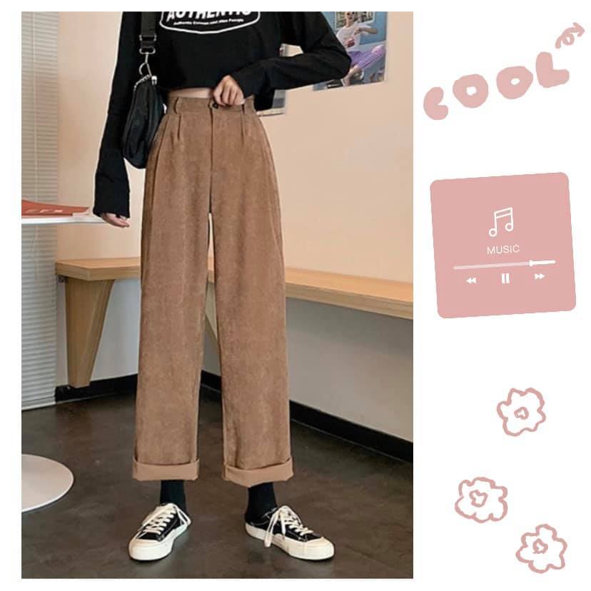 CALEM.CLUB Quần ống rộng nữ phong cách Ulzzang chất nhung tăm cạp cao tôn dáng siêu xinh