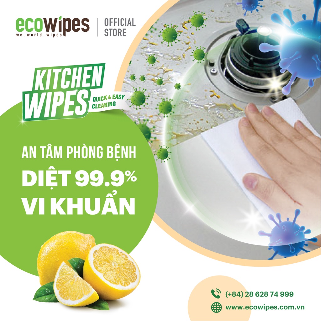 Thùng KHĂN ƯỚT LAU BẾP EcoWipes 24 gói (42 tờ/gói) - Loại bỏ dầu mỡ và vết bẩn