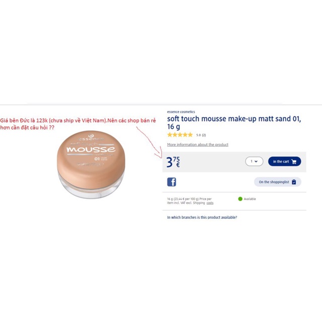 (Bill Đức) Phấn tươi Essence Soft touch mousse, màu số 01 (tông màu hợp da Châu Á) | BigBuy360 - bigbuy360.vn