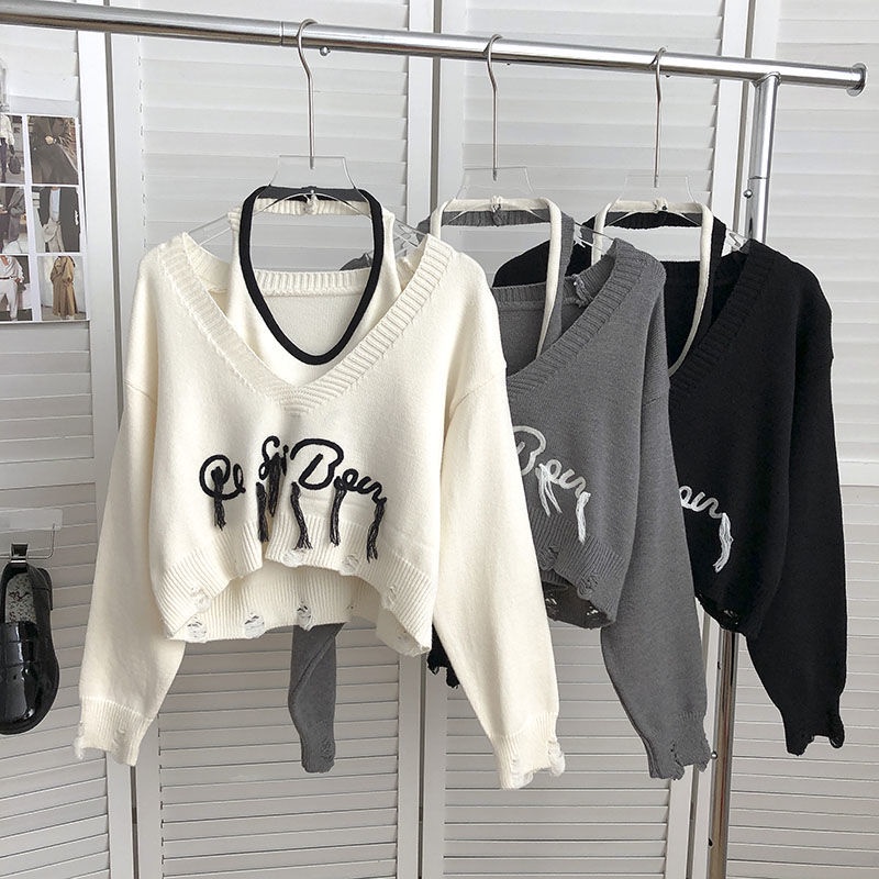 Set Áo Thun Dài Tay In Chữ + Áo Len Không Tay Phong Cách Hàn Quốc Dành Cho Nữ