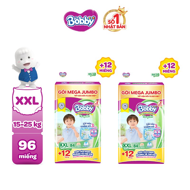 [Tặng 12 miếng/gói] Combo 2 Gói Tã Quần Bobby Lõi Nén 3mm M120/L104/XL92/XXL84