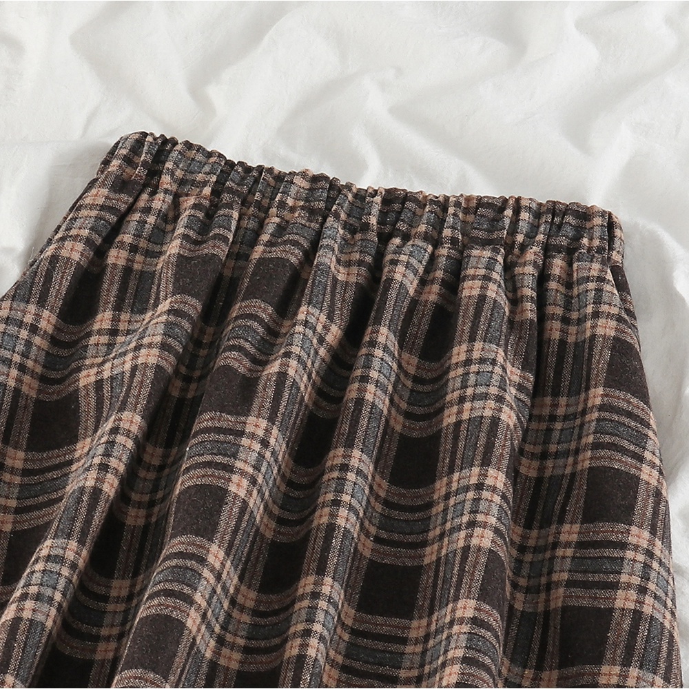NUZIRO  Chân váy chữ A lưng cao dài đến bắp chân chất liệu len họa tiết sọc caro phong cách retro Hàn Quốc