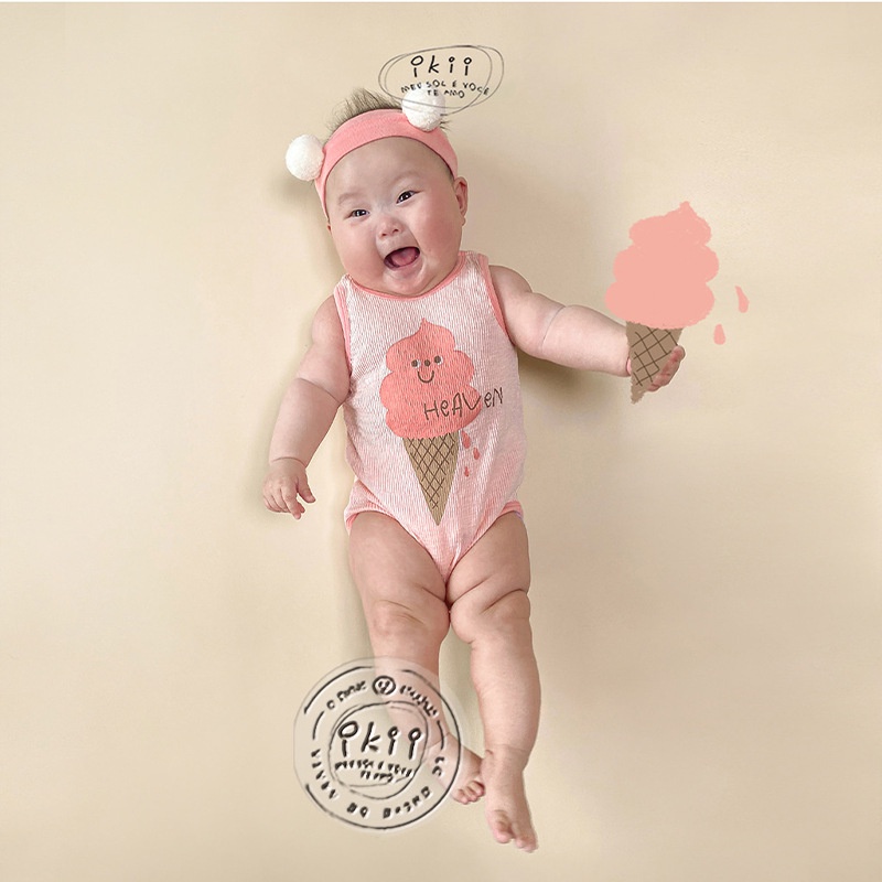 Bộ Áo Liền Quần Không Tay In Hình Que Kem Socola + 1 Băng Đô Dễ Thương Cho Bé Sơ Sinh