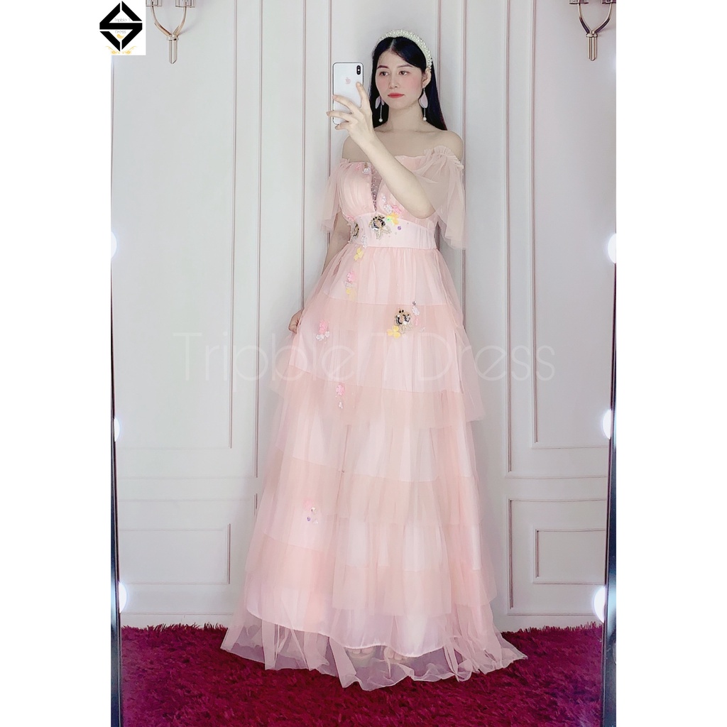 Đầm maxi bẹt vai xếp tầng kết cườm hình bướm TRIPBLE T DRESS - size M/L (ảnh/video thật) - MS312V