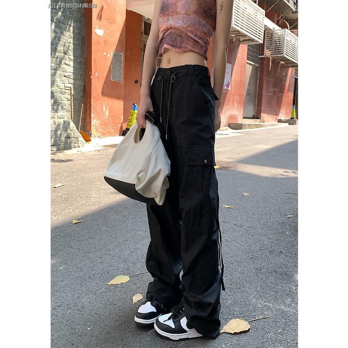 Quần Yếm Ống Rộng Lưng Cao Dây Rút Màu Đen Phong Cách Hip Hop Thời Trang Mùa Hè Cho Nữ