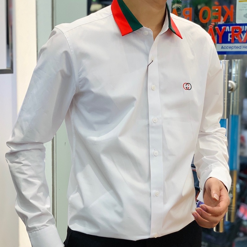 Áo sơ mi Gucci sọc cổ xanh đỏ LA 2022 on web