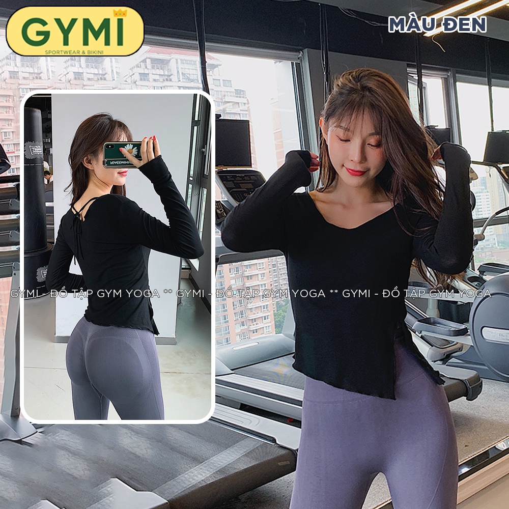Áo tập gym yoga nữ dài tay GYMI AD09 dáng phủ bụng chất liệu thun len tăm xẻ eo sexy co giãn