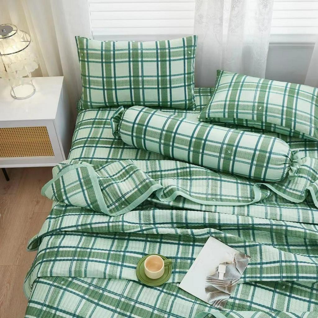 bộ chăn ga gối 5 món cotton đũi nhập khẩu cao cấp set 5 món cotton đũi chần bông bo chun mẫu kẻ hoa mềm mịn thoáng mát