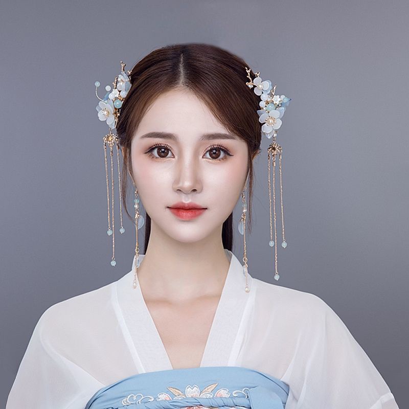 Bộ Kẹp Tóc Phối Tua Rua Kiểu Hán Phục Cổ Điển Dễ Thương Cho Bé Gái