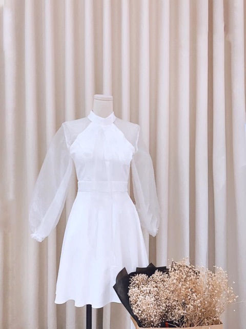 Đầm trắng tay voan phối nơ cao cấp | BigBuy360 - bigbuy360.vn