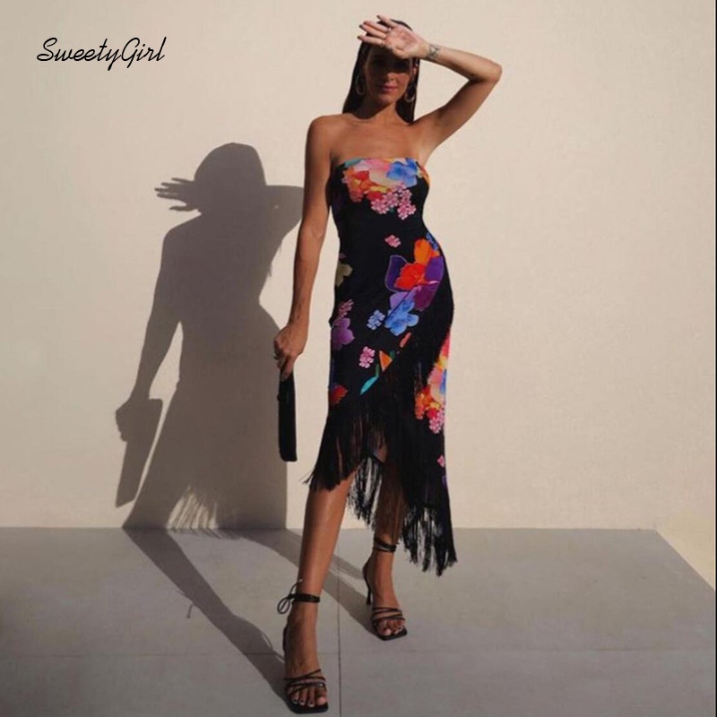 Đầm Midi Trễ Vai Phối Tua Rua Nhiều Màu Sắc Phong Cách Đường Phố Cho Nữ