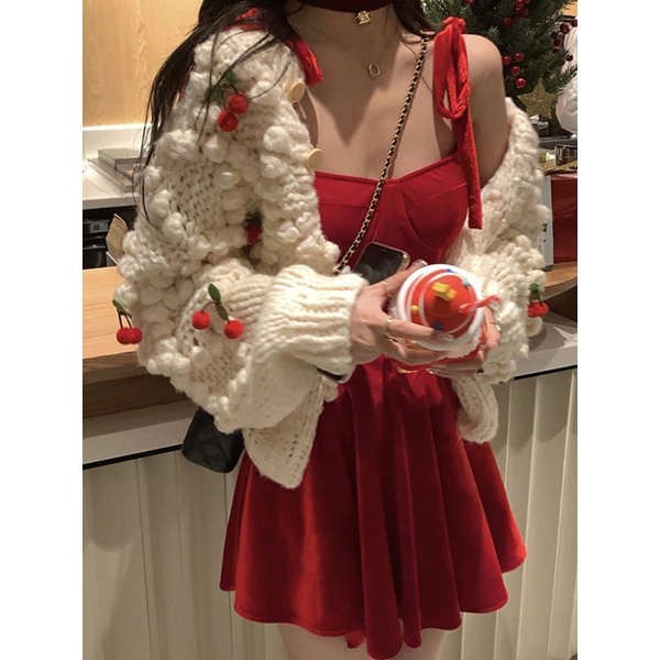 Áo Khoác Cardigan Len Đan Hình Quả Cherry 🍒 Siêu Dễ Thương Phong Cách Hàn Quốc