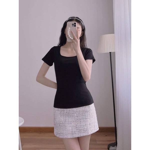 Áo Thun Nữ Kiểu Cổ Vuông Bh_boutique Chất Vải Đẹp Co Giãn Ôm Dáng Giá Rẻ, Áo Thun Ôm Cổ U Nhiều Màu Đen,trắng,hồng,...