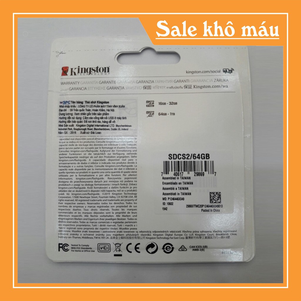 { Xả Kho Cắt Lỗ } Thẻ Nhớ Micro SDXC Kingston 64GB Class 10 tốc độ đọc 100mbs  (Tem FPT/SPC) - BH 5 năm 1 đổi 1