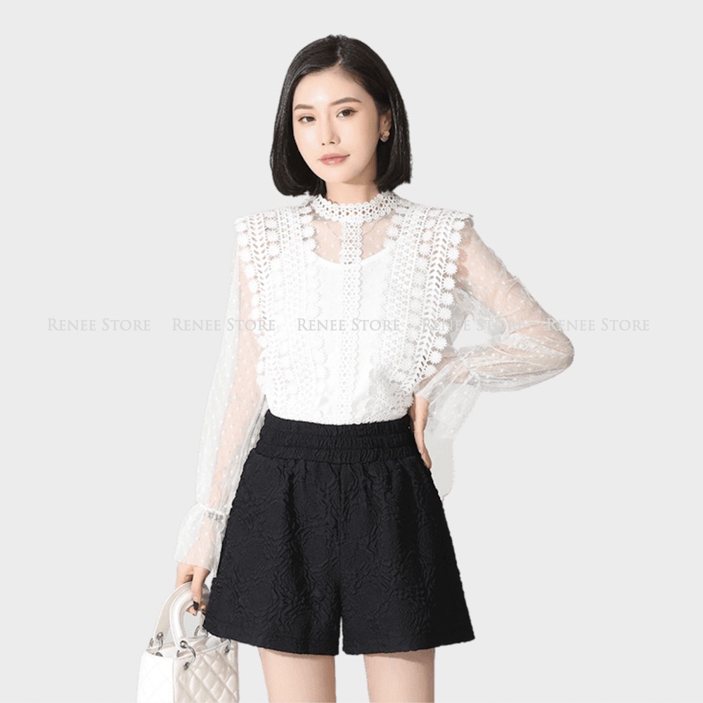 Quần short nữ RENEE dập hoa nổi chất xốp phồng lưng cao cạp chun có túi 2 bên - QX01