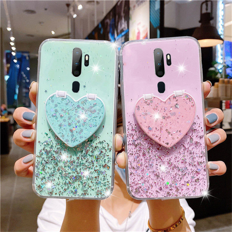Ốp điện thoại kim tuyến ngôi sao lấp lánh có gương giá đỡ Hình Trái Tim Xinh Xắn cho Oppo F9 F11 Pro A54 A74 A3S A5S Ax5S A12E A12 A15 A15S A31 A52 A92 A33 A53 A5 A9 2020 Reno 5