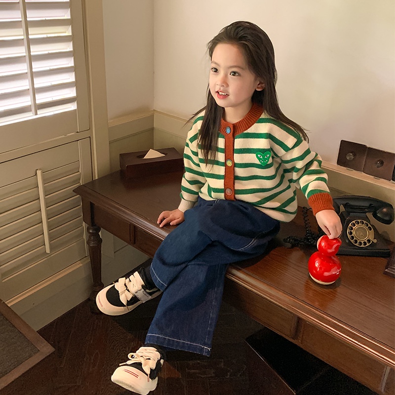 Áo Khoác Cardigan Họa Tiết Kẻ Sọc Dày Dặn Màu Sắc Tương Phản Phong Cách Hàn Quốc Thời Trang Mùa Thu Cho Bé Gái