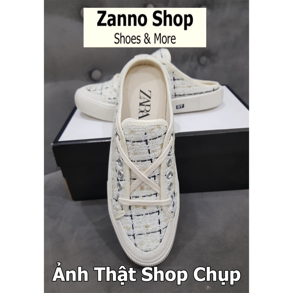 Giày Sục Đạp Gót Thể Thao Nữ Z Vải Dạ Siêu Đẹp Màu Kem Kẻ Đen Và Kim Tuyến Vàng Óng Ánh
