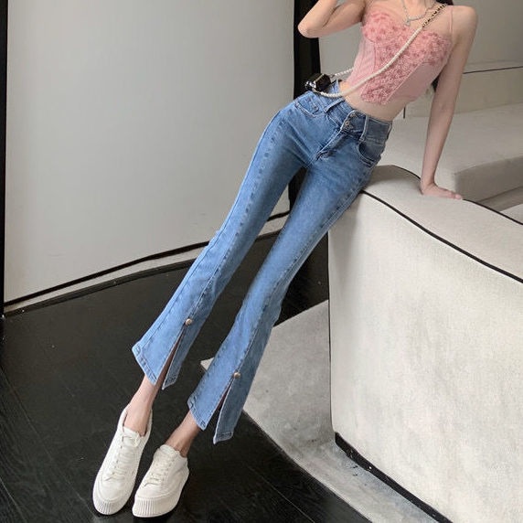 Jiashucheng Quần Jean Ống Loe Dài Tới Mắt Cá Chân Eo Cao Ôm Dáng Thiết Kế Xẻ Tà Phong Cách Mùa Hè Mới Cho Nữ