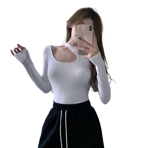 QKOOLE  Áo thun tay dài cổ tròn dáng ôm phong cách Hàn Quốc thời trang sành điệu cho nữ