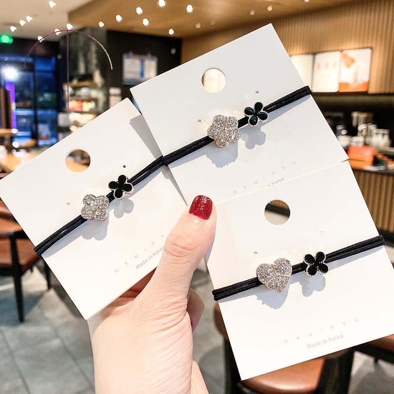 Dây buộc tóc hình cỏ bốn lá đính kim cương nhân tạo thời trang cho nữ