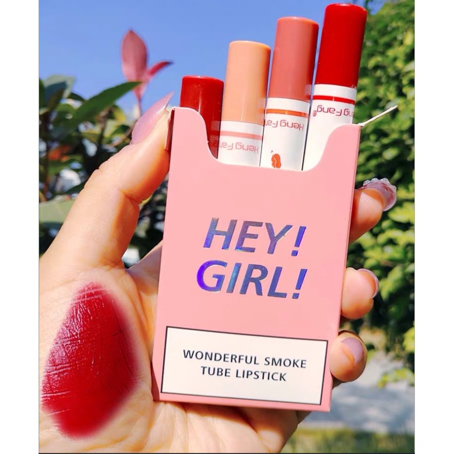 SET Son Kem Lì 4 CÂY HEY GIRL WONDERFUL SMOKE TUBE LIPSTICK HENG FANG Nội Địa Chính Hãng