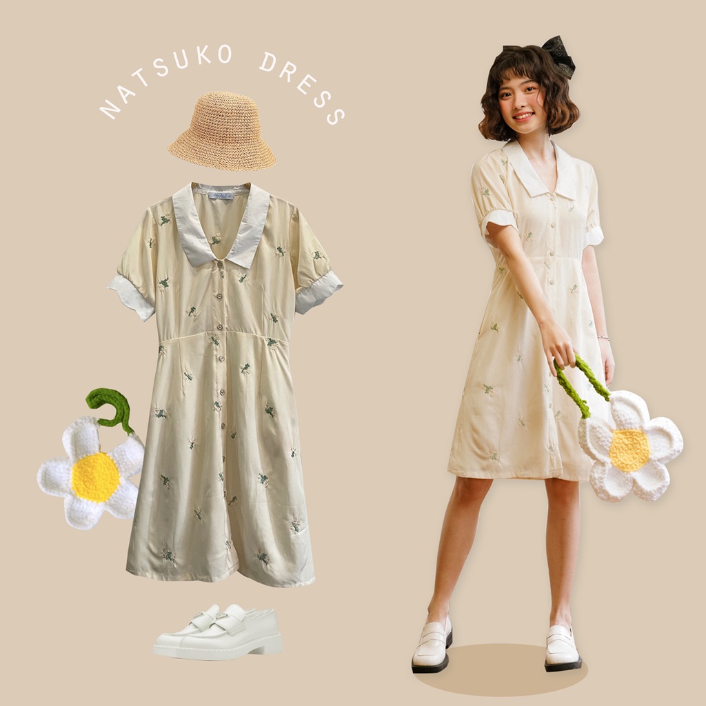 BLEUBIRD Váy lụa thêu hoa cổ phối trắng NATSUKO DRESS