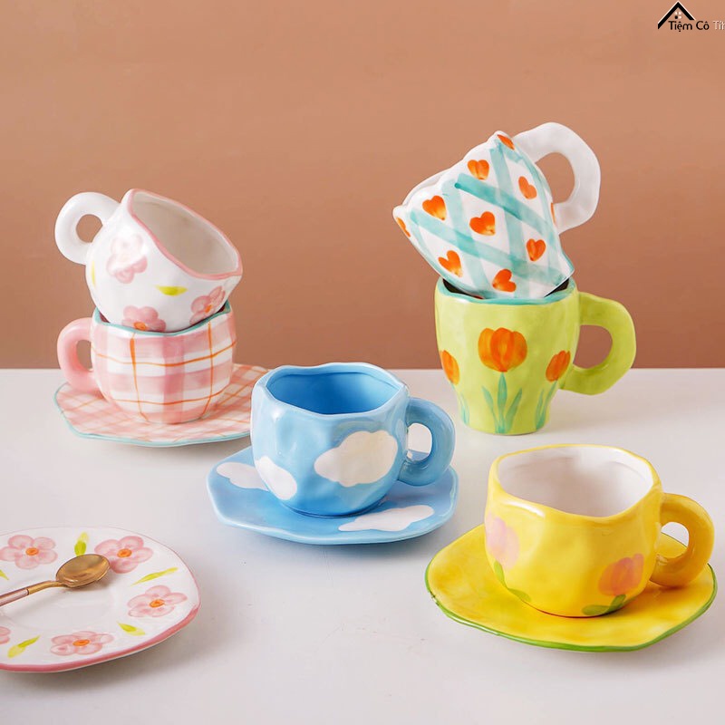 Set tách trà gốm sứ hoạ tiết retro phong cách Hàn Quốc