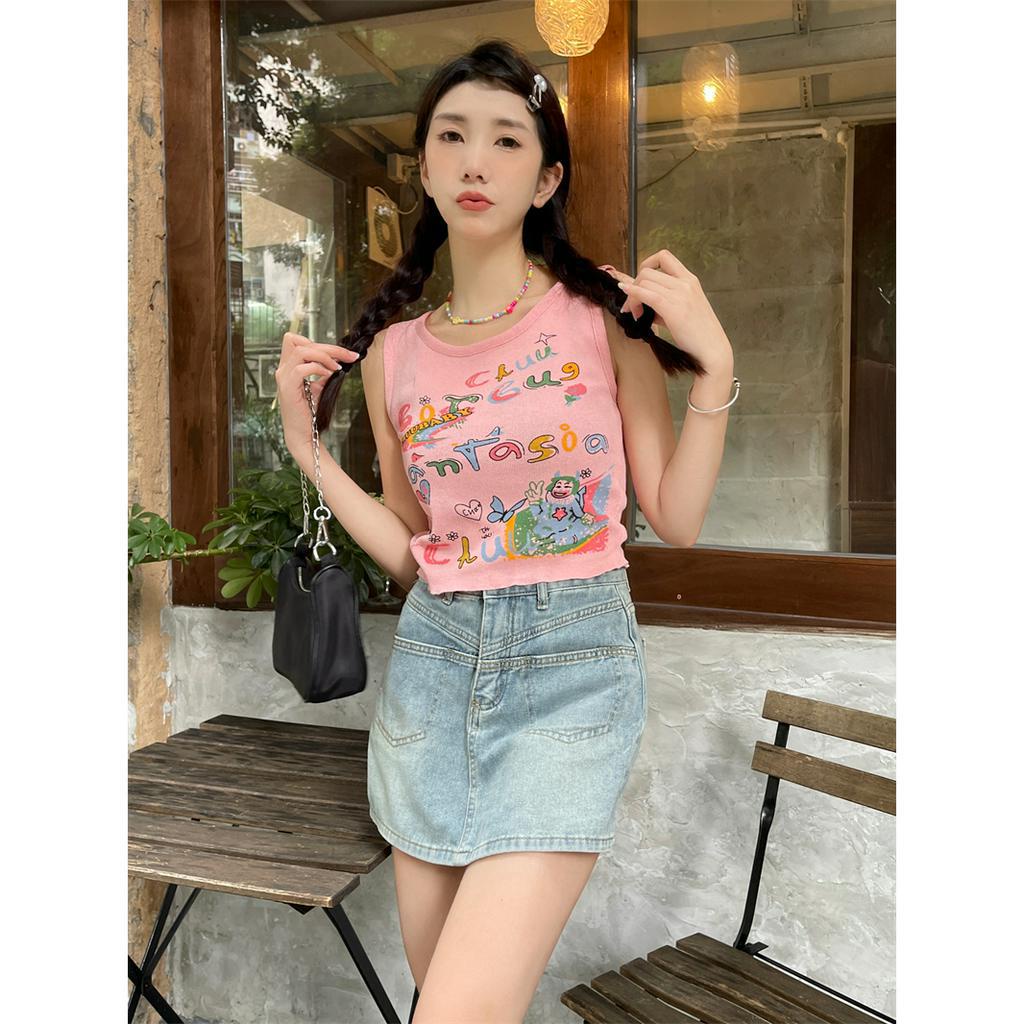 Áo Croptop Dệt Kim Cổ Tròn In Họa Tiết Phong Cách Retro Mỹ Cho Nữ