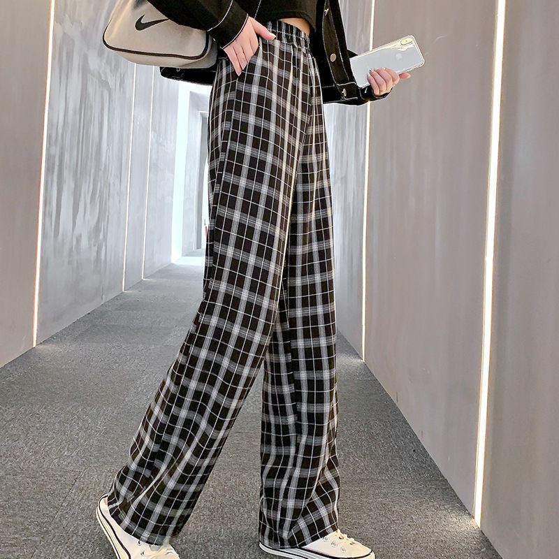 0428 New black and white plaid pants spring and summer female students Korean version of loose high waist straight leg slimming casual mopping wide leg trousers