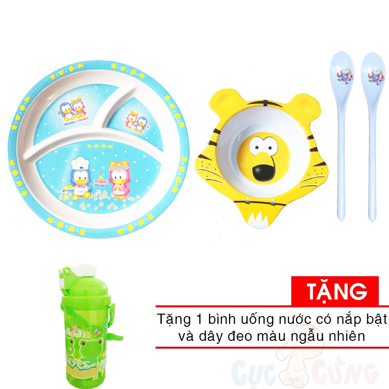 Khay cho bé tập ăn 3 ngăn hình tròn nhựa + Chén cho bé tập ăn + 2 muỗng ăn dặm cán dài TẶNG bình uống nước