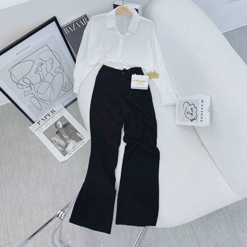 SET CROP SƠ MI TRẮNG CỘT DÂY EO + QUẦN SUÔNG ĐEN✨