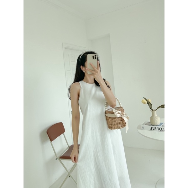 Đầm maxi đan dây chéo H2 xanh/trắng phù hợp mặc đi du lịch, đi biển, dạo phố vải siêu đẹp