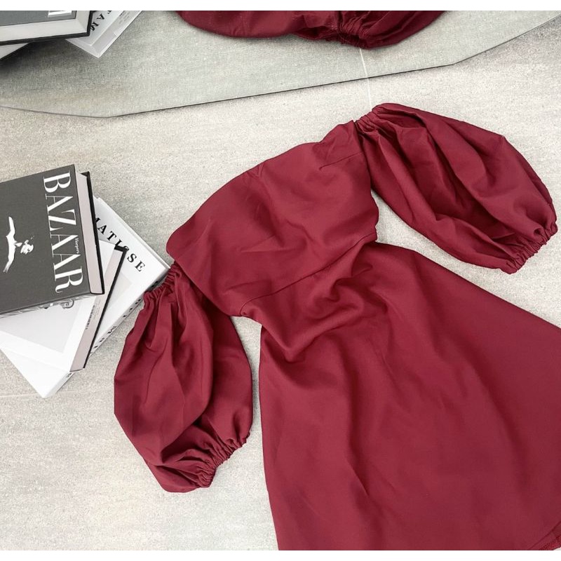 ĐẦM ĐỎ ĐÔ CÚP RỚT VAI TAY PHỒNG | có đệm ngực sẵn | | BigBuy360 - bigbuy360.vn