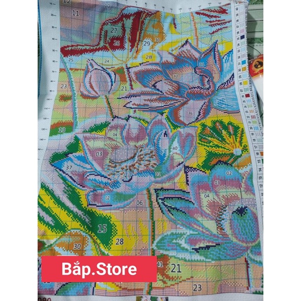 Tranh thêu chữ thập hoa sen. Tranh thêu đầm sen size vừa