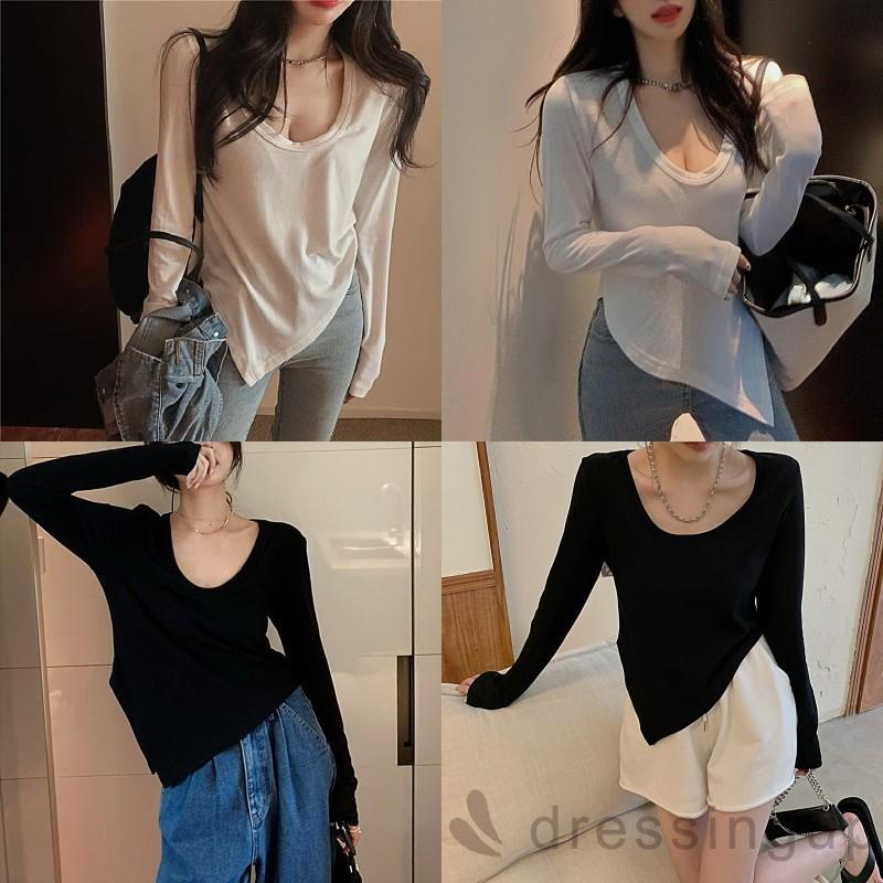 Áo tay dài cổ tròn màu sắc đơn giản thời trang mùa hè cho nữ