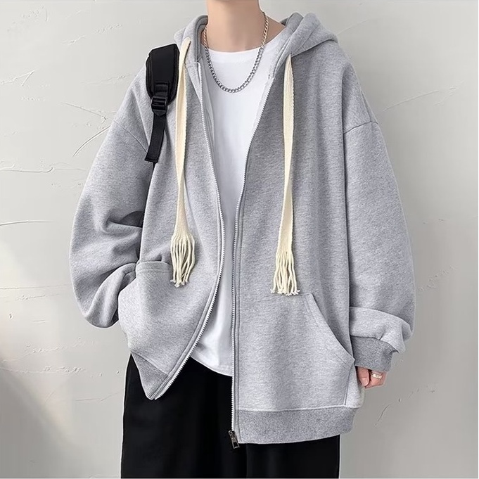 Áo Khoác Cardigan Màu Trơn Dáng Rộng Có Mũ Trùm Phối Dây Rút Thời Trang Hàn Quốc Cho Nam
