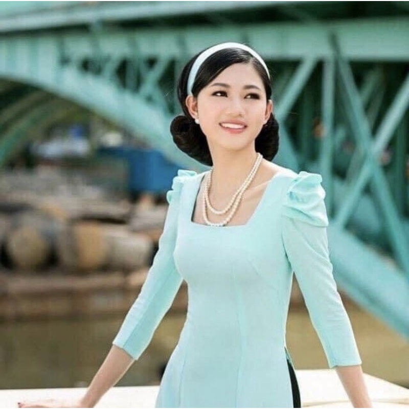 bộ áo dài cổ vuông tay phồng lỡ kèm quần